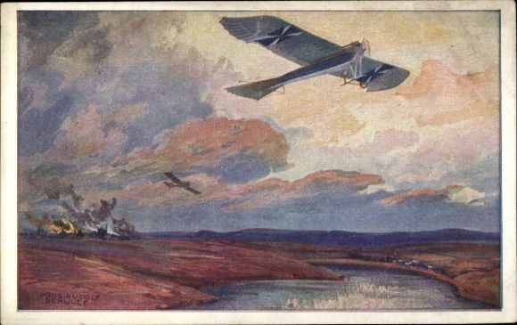 Künstler Ak Schulze, Hans Rudolf, Militärtaube auf Erkundungsflug bei den Masurischen Seen, I. WK