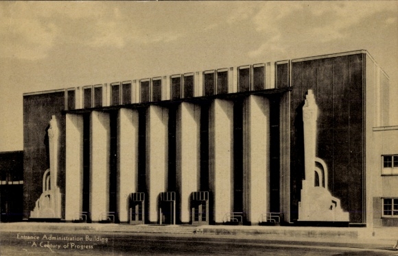 Postcard Chicago, entrance to the administration building, Century of Progress 1933