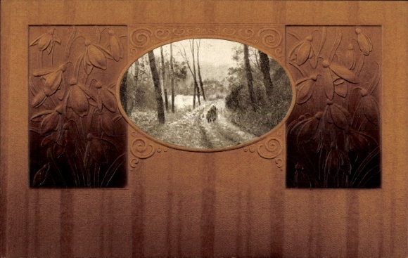Embossed Passepartout Postcard Forest Path, Snowdrops