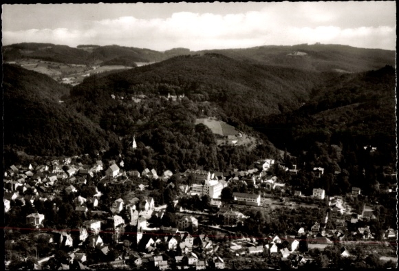 Postcard Jugenheim an der Bergstraße Hesse, aerial view of mountains, forest, houses, no people