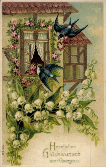 Embossed Postcard Congratulations Birthday, Swallows, Lily of the Valley