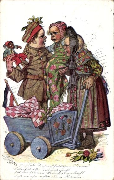 Artist Postcard Beithan, E., Young soldier returns, family, Hessian costume