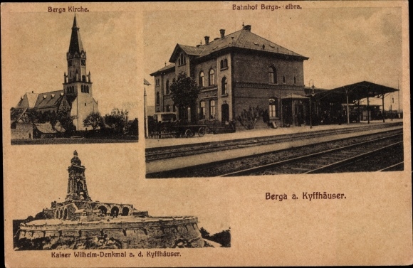 Ak Berga am Kyffhäuser, treinstation, spoorzijde, kerk, Kaiser-Wilhelm-monument