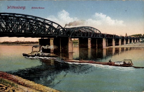 Postcard Lutherstadt Wittenberg, Rib Bridge, river, steamship, railway bridge