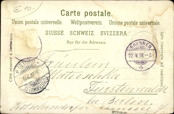 Chromo-Litho Flüelen Canton of Uri Switzerland, Lake Uri, Bristenstock, view of the town, mountain face