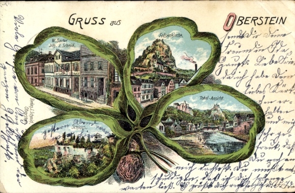 Klaverbladlitho Oberstein an der Nahe, rotskerk, kasteel, winkel van J. Schmid