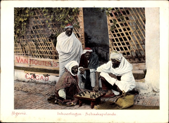 PC Algeria, men playing chess, advertisement for Van Houten's cocoa