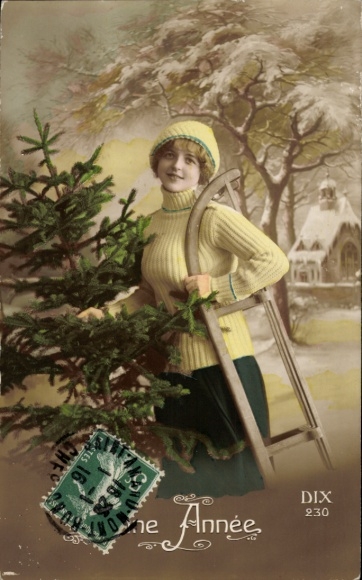 Postcard Happy New Year, sleigh, Christmas tree, woman