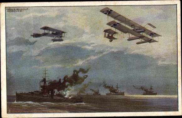 Artist PC Schulze, Hans Rudolf, seaplanes over the English fleet, WWI