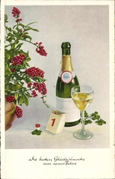 Happy New Year, champagne bottle and glass, calendar, clover leaves