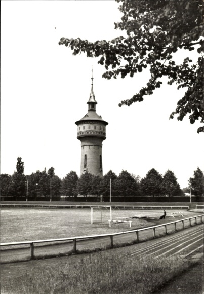 Postcard Forst in Lusatia, water tower, stadium, sports field, black and white photo