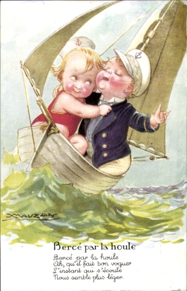 Artist Postcard Mauzan, children, lovers, sailing, Berce par la houle