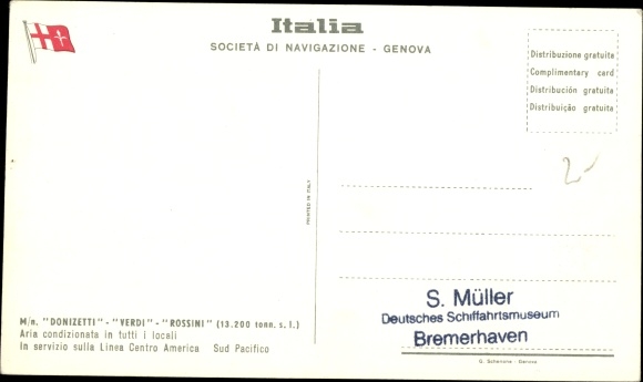 Postcard passenger ship MN Donizetti, Verdi, Rossini, Societa di Navigazione, Genova