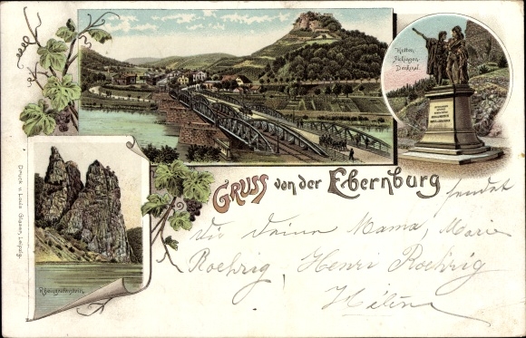 Litho Bad Münster am Stein, Ebernburg, Rheingrafenstein, Hutten Sickingen Denkmal