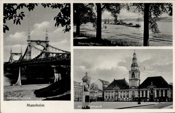 PC Mannheim in Baden, Neckar Bridge, Rhine bank, Old Town Hall, black and white,