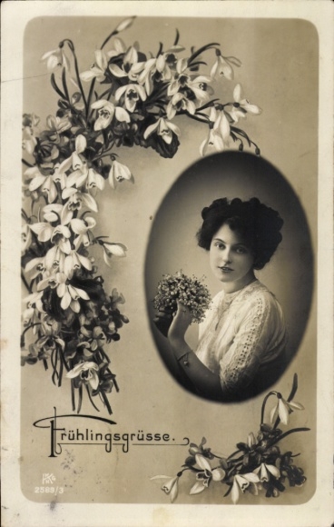 Postcard Spring Greetings, Woman Portrait, Snowdrops