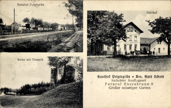 Ak Voigtsgrün Neuensalz Vogtland, treinstation, Gasthof Kurt Schott, ruïnes met dierentuin
