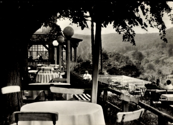Ak Bleicherode am Harz, Restaurant im Freien, Tische, Bäume, Landschaft, nostalgische Schwarz-Wei