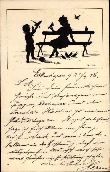 Paper cut Postcard Carus, children play with pigeons, bench