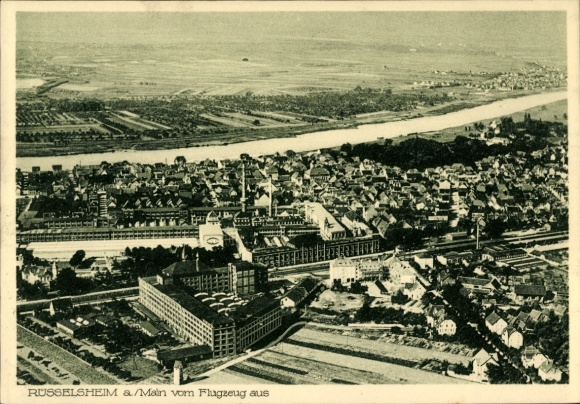 Postcard Rüsselsheim am Main Hessen, aerial photograph