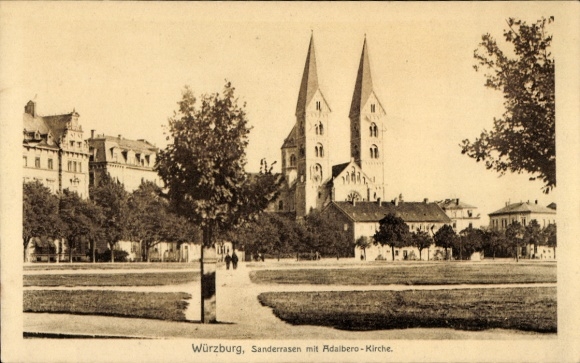 Postcard Sanderau Würzburg am Main Lower Franconia, Sanderrasen, Adalbero Church, trees, people