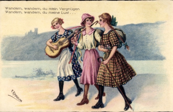 Artist Postcard Kaskelime, three women, hiking, hiking, you my pleasure hiking