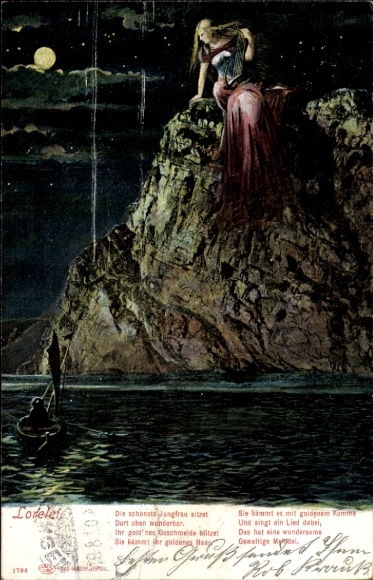 Postcard Loreley, Lorelei, The most beautiful maiden sits wonderfully up there