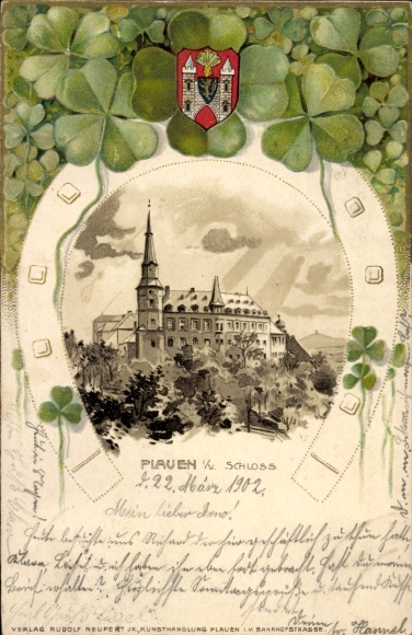 Präge Wappen Passepartout Litho Plauen im Vogtland, Schloss, Hufeisen, Kleeblätter