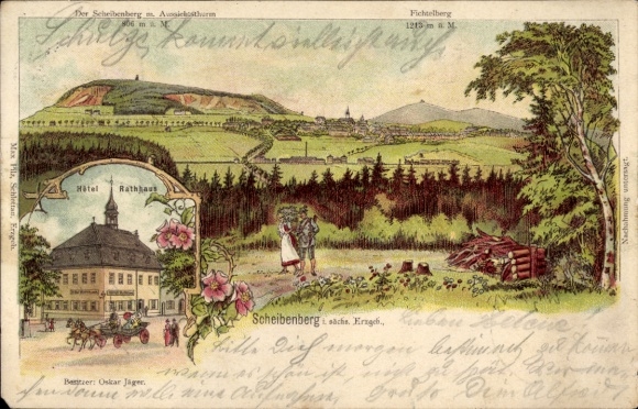 Ak Scheibenberg im Erzgebirge, Aussichtsturm Fichtelberg, Rathaus, Hotel, Naturblick, Blumen