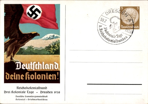 KP pocztowa Niemcy twoje kolonie, orzeł, trzy dni kolonialne Reichskollegialbund Drezno 1938