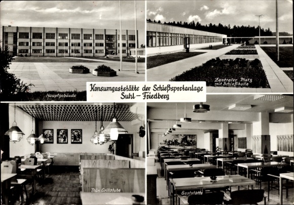 Postcard Friedberg Suhl Thuringia, consumer restaurant of the shooting range, main building, central square
