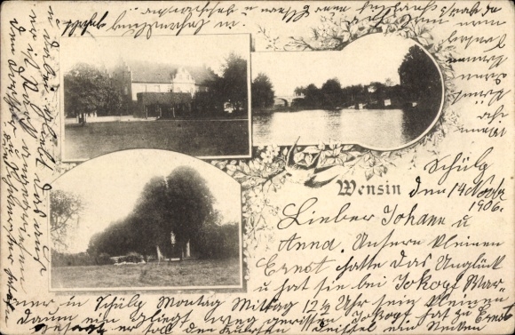 Postcard Wensin in Schleswig-Holstein, three photographs, buildings, water surface, trees, close to nature