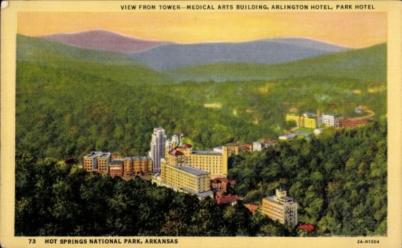 Ak Hot Springs Arkansas USA, uitzicht vanaf de toren, Medical Arts Building, Arlington Hotel, Park Hotel