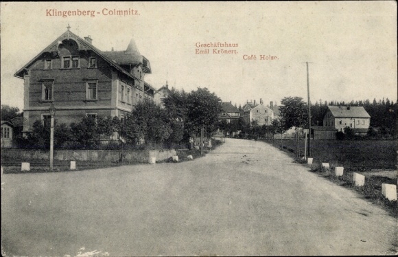 Postcard Colmnitz Klingenberg in the Eastern Ore Mountains, shop, Café Holze