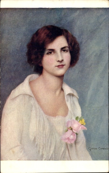 Künstler Ak G. Courtois, Portrait einer jungen Frau mit roten Haaren und einem rosa Kleid.