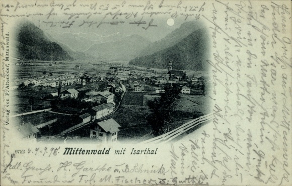 Mondschein Ak Mittenwald in Oberbayern, Gesamtansicht, Isartal
