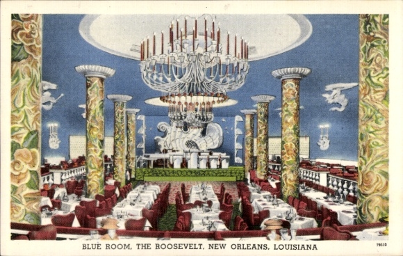 Ak New Orleans Louisiana USA, Elegante Restaurant, große Deckenleuchte, Säulen, Tischdekoration