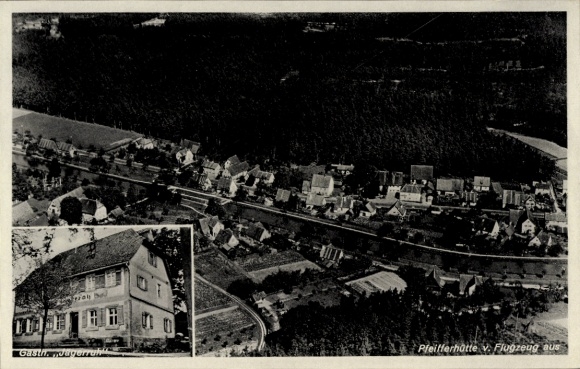Postcard Pfeifferhütte Schwarzenbruck in Middle Franconia Bavaria, aerial photograph, Gasthaus Jägerruh