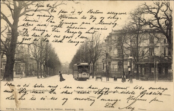 Postcard Hamburg Eimsbüttel Harvestehude, Frauenthal, Hagedornstraße, tram