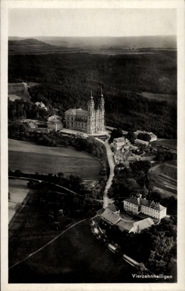 Postcard Vierzehnheiligen Staffelstein, aerial photograph, basilica, Banz Monastery, surroundings