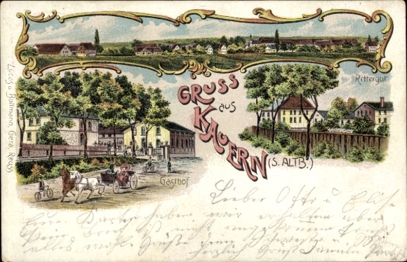 Chromo-Litho Kauern Thuringia, general view, inn, manor