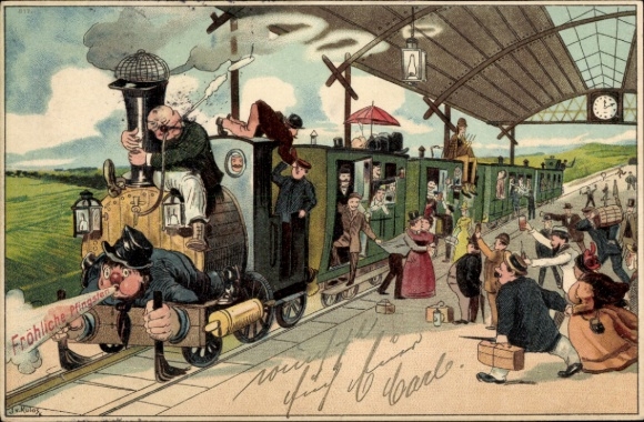 Chromo-Litho congratulations Pentecost, railway, train station, steam locomotive