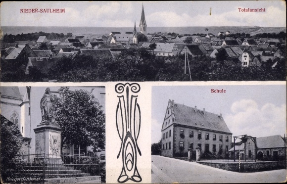 Postcard Niedersaulheim Saulheim in Rheinhessen, view of the city, monument, school