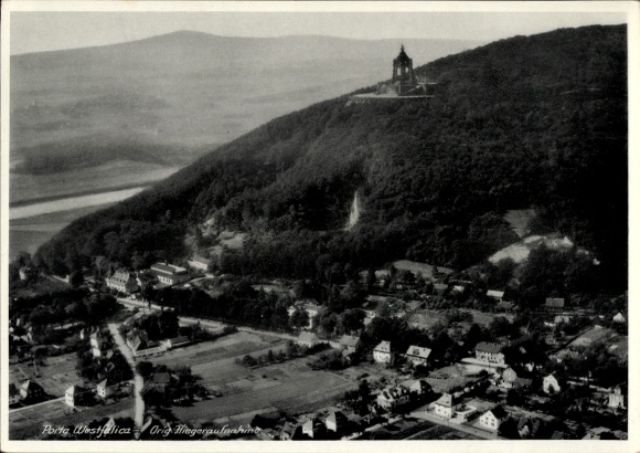 Postcard Porta Westfalica on the Weser, aerial photograph, monument