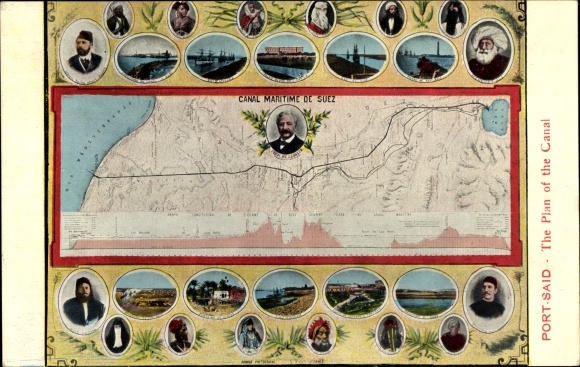Maps Postcard Port Said Egypt, The plan of the canal