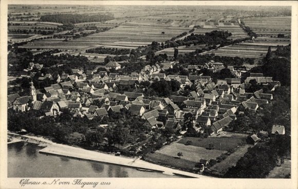 Postcard Offenau am Neckar Württemberg, aerial view of numerous houses, river visible, rural surroundings