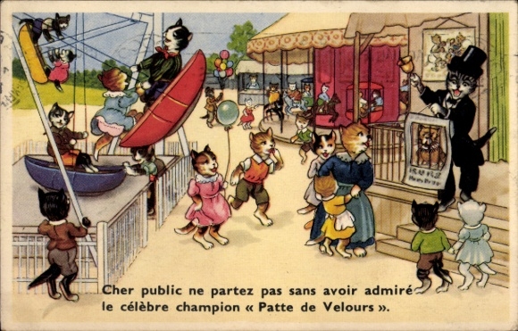 Postcard Humanized cats at a folk festival, showmen, swing boat, carousel