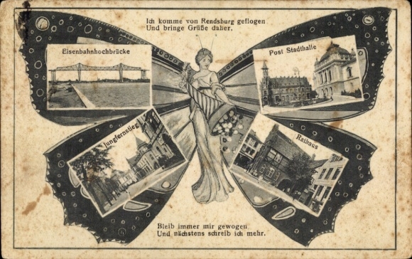 Butterfly KP Rendsburg w Szlezwiku Holsztynie, wysoki most kolejowy, ratusz pocztowy, ratusz