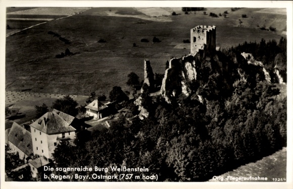 Ak Weißenstein Regen im Bayerischen Wald, Ruine Weißenstein, Fliegeraufnahme