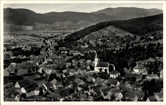 Postcard Zunsweier Offenburg in Baden Black Forest, aerial view of Zunsweier near Offenburg, church